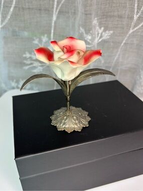 Vintage Italian Capodimonte Porcelain Rose W/A Silver-Plated Base & Stem Handmad